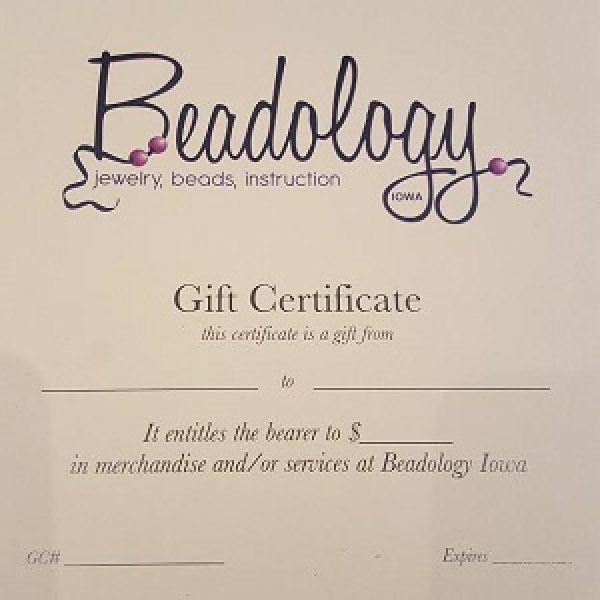 Beadology Iowa Gift Certificate--$25