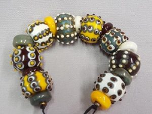 Dots-Yellow-White-Brown_Lampwork_Beadology-Iowa Stripes of Dots Lampwork