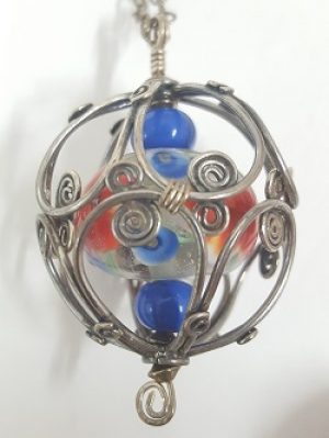 Caged-Lampwork_closeup_Beadology-Iowa Caged Lampwork Bead Necklace