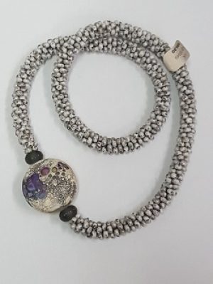 Kumihimo-Lampwork_Laurel-Kubby_Angelica-Schott_Beadology-Iowa Kumihimo Necklace with Angelica Schott Lampwork