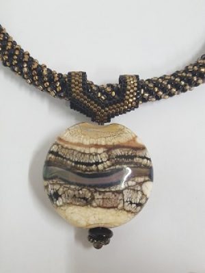 Kumihimo-Lampwork_Laurel-Kubby_Elasias_closeup_Beadology-Iowa Kumihimo Necklace with Elasia's Lampwork