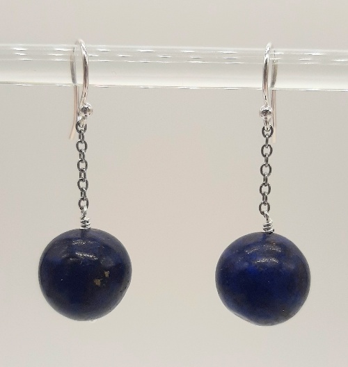 lapis rounds with sterling silver chain earrings