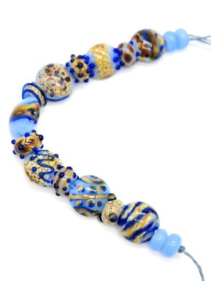Blue and Mustard Puffy Dotted and Swirled Lampwork Coins