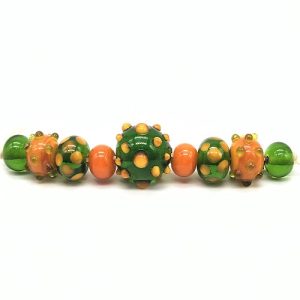 Orange and Green Dotted Lampwork Glass Rondels