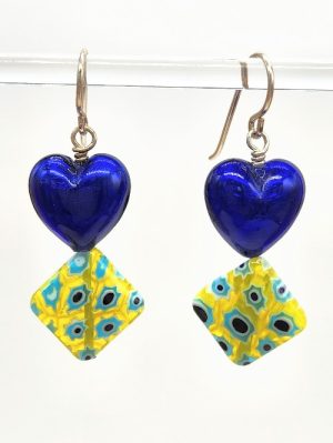 Blue Heart and Green Diamond Earrings