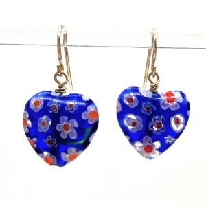 Blue Mille Fiore Style Heart Earrings
