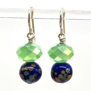 Faceted Green Crystal and Blue Round Earrings