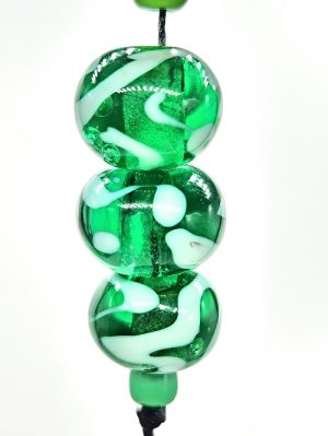 Bright Transparent Green Lampwork Rondels with White Squiggles