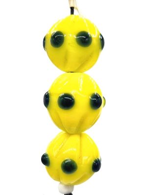 Carved Yellow Lampwork Rounds with Transparent Blue Dots