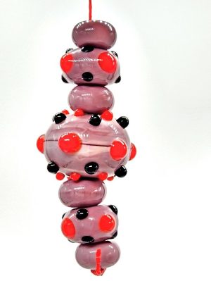 Graduated Purple Lampwork Rondels with Black and Red Dots