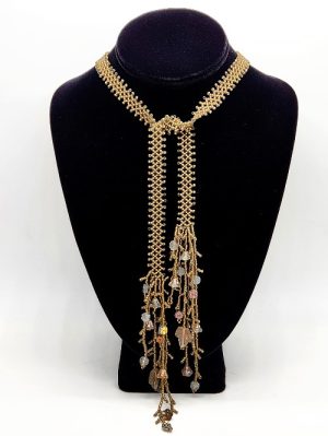 Antique Brass Colored Twenties Weave Lariat with Branched Fringe