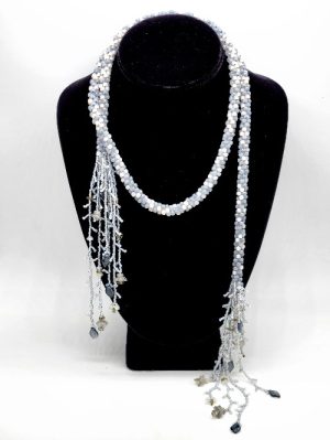 Milky Gray and White Crocheted Lariat with Branched Fringe