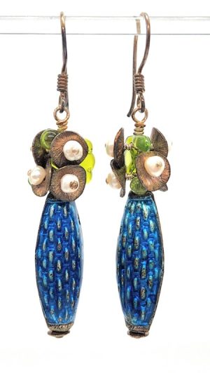 blue-enamel-and-green-glass-earrings-with-pearls_beadology-iowa Blue Enamel and Green Glass Earrings with Pearls